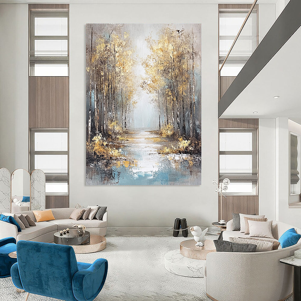 Contemporary hand-painted abstract artwork featuring an autumn forest in gold and orange shades with a reflective water foreground and misty atmosphere. DLZ1472