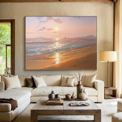 Sunset Beach with Sailboats & Seagulls - Idyllic Living Room or Bedroom Art DLZ269