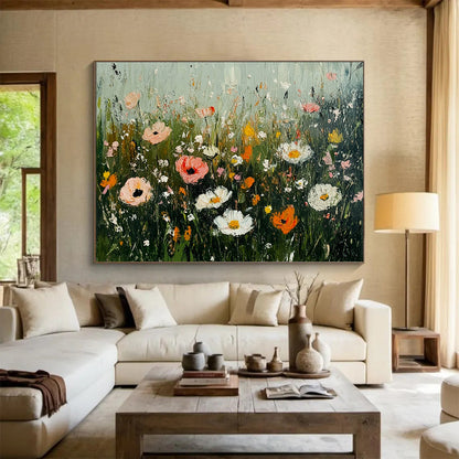 “Wildflower Meadow Impasto” - Colorful wildflowers in pink, white, orange, Impasto Floral Painting On Canvas HB0545
