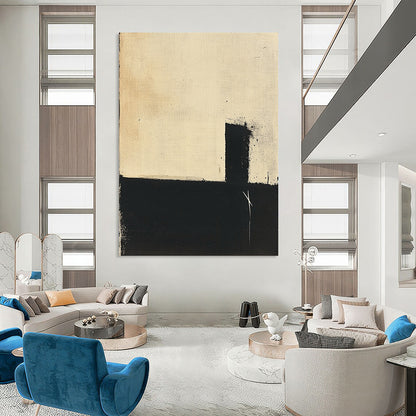 Contemporary hand-painted abstract art featuring a minimalistic black and beige palette with simple shapes and visible brush strokes on inked paper. DLZ0940