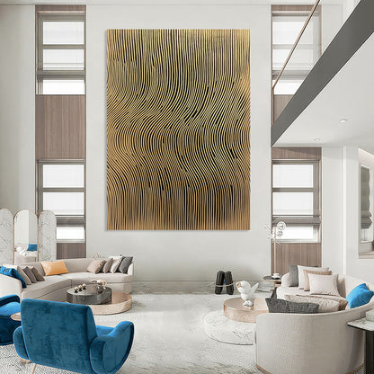 Contemporary abstract artwork features golden sound wave lines on a textured background adding depth and elegance to any space. DLZ1491
