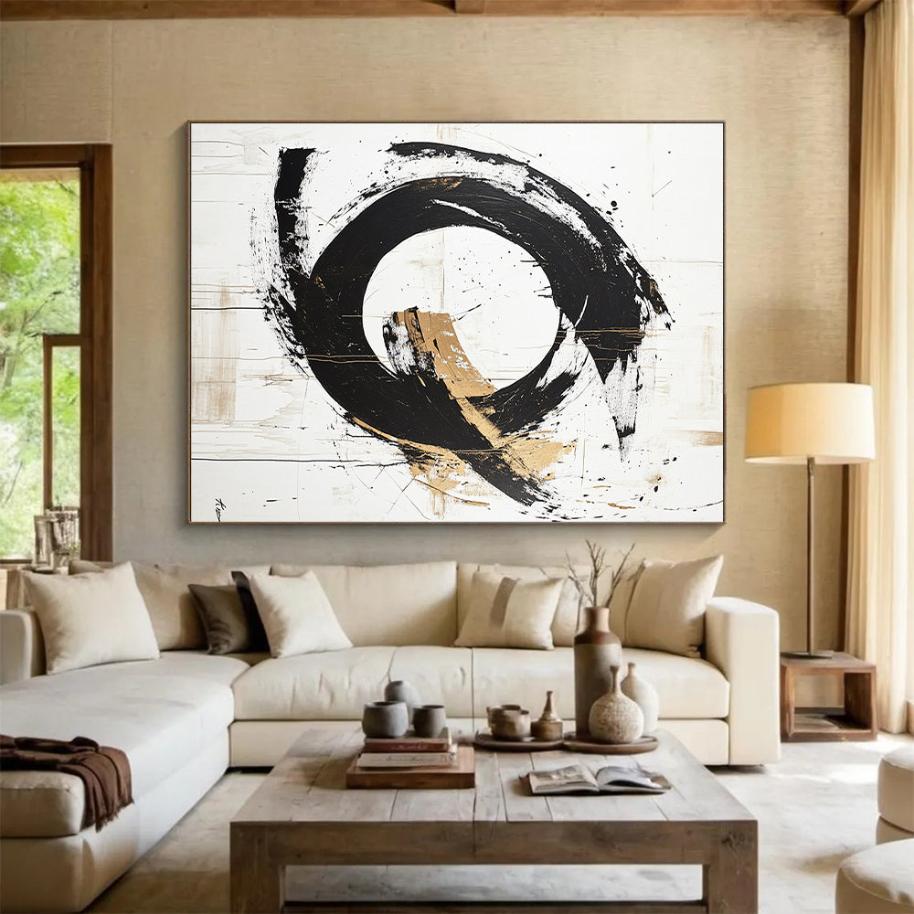 White, Black, Gold, Textured Circle "Enso Echo" Abstract Zen - Inspired Painting On Canvas HB090