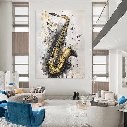 Contemporary hand-painted abstract artwork featuring an old saxophone in gold and silver hues against a soft gray background, creating striking contrast and depth. DLZ1507