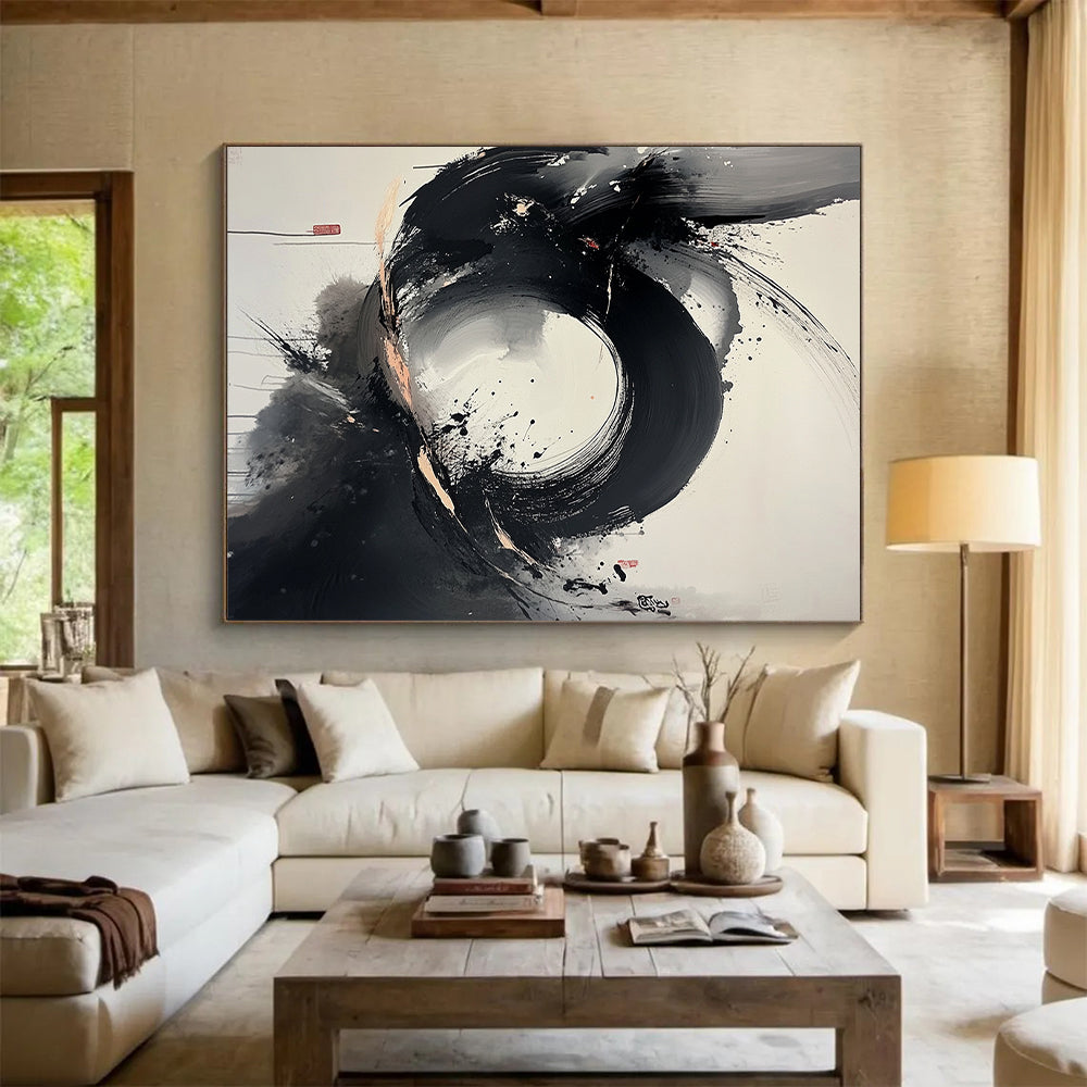Black, White, Gray, Splattered Circle "Ink Blot Symphony" Abstract Expressionist Painting On Canvas HB105