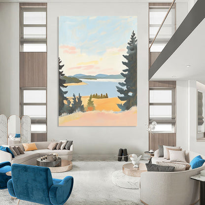 Contemporary minimalist landscape art featuring muted pastels of Lake St. Paul in Oregon on antique white paper, evoking serene beauty and tranquil views. DLZ1575