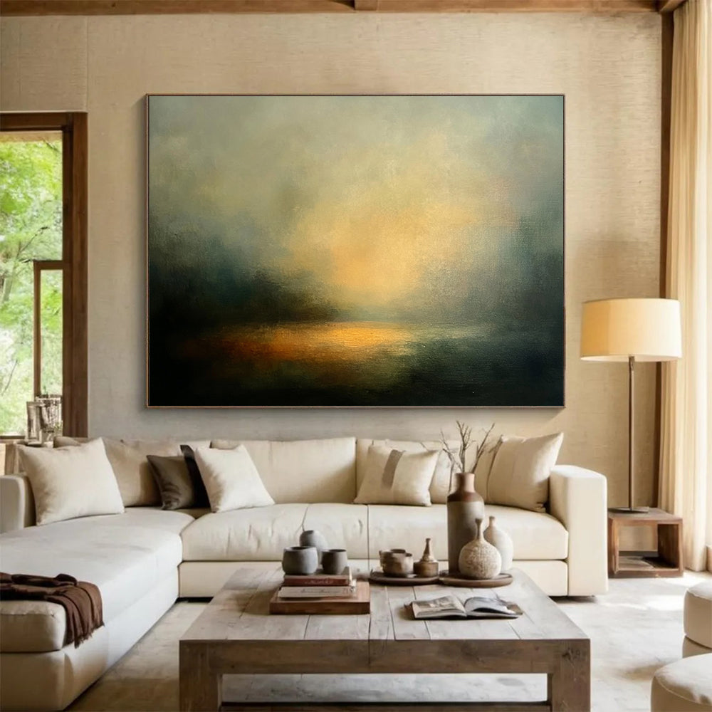 “Ethereal Lake at Sunset” - Greys, Oranges, Yellows, Foggy Sunset Lake - Abstract Oil Painting HB1571