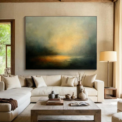 “Ethereal Lake at Sunset” - Greys, Oranges, Yellows, Foggy Sunset Lake - Abstract Oil Painting HB1571