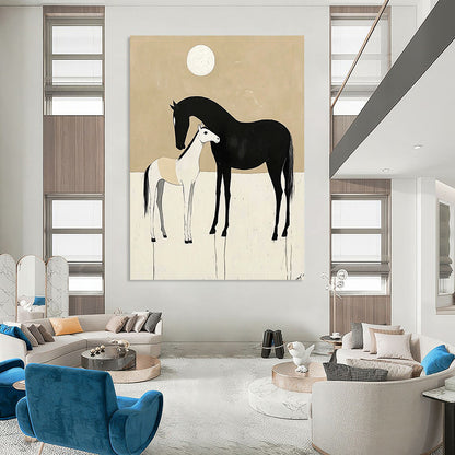 Contemporary abstract art featuring minimalist black and white horses in love against a beige background with a moon. Perfect for modern decor. DLZ1608