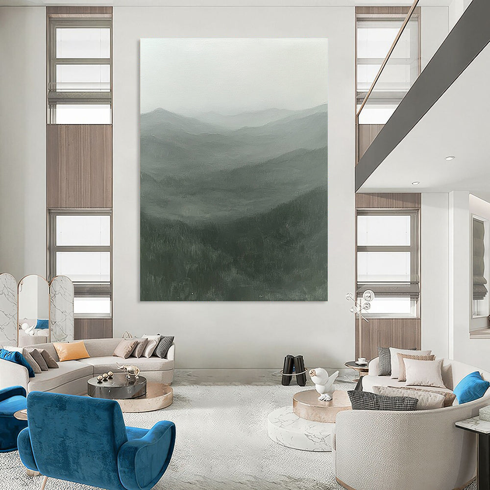 Contemporary hand-painted abstract artwork showcasing misty rugged mountains in serene greens and grays with an ethereal light, inviting solitude and mystery. DLZ0845