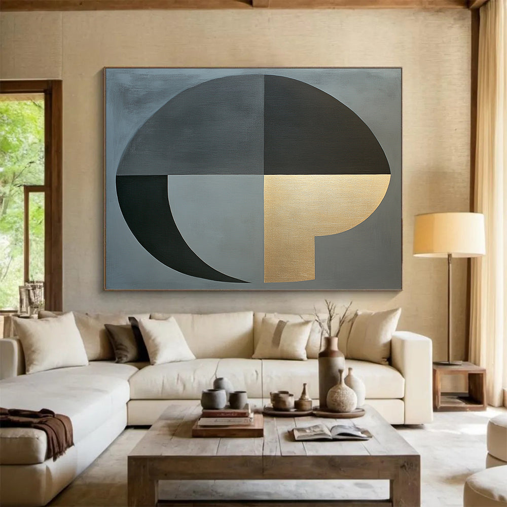 Gray, Green, Brown, Gold and White Geometric Abstraction "Vibrant Geometry" Painting On Canvas HB386
