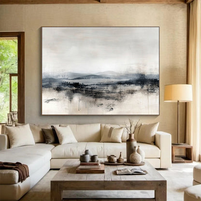 “Monochrome Misty Landscape” - Gray, Black, White, Abstract Landscape Painting On Canvas HB1109