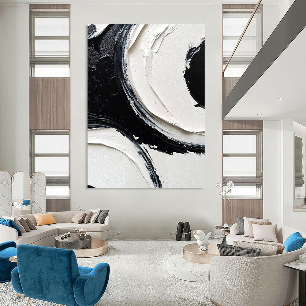 Contemporary abstract painting featuring monochrome black and white circles on a large canvas with meticulous brush strokes and high-resolution detail. DLZ0613