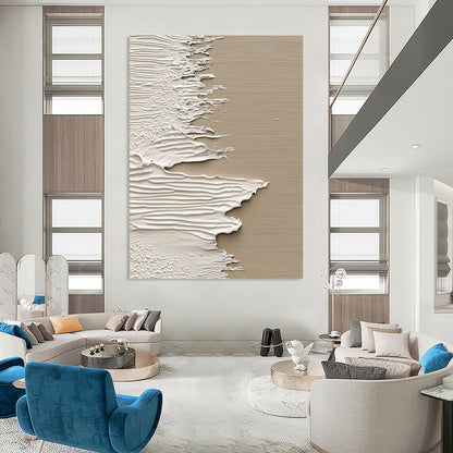 Contemporary abstract artwork featuring textured white paint on wood with a beige backdrop inspired by ocean waves in a unique splash art style. DLZ1232