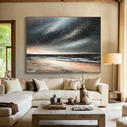 “Starry Beach Night” - Blacks, whites, beiges, silvers; Starry sky over a quiet beach; Mixed Media Painting On Canvas HB1183