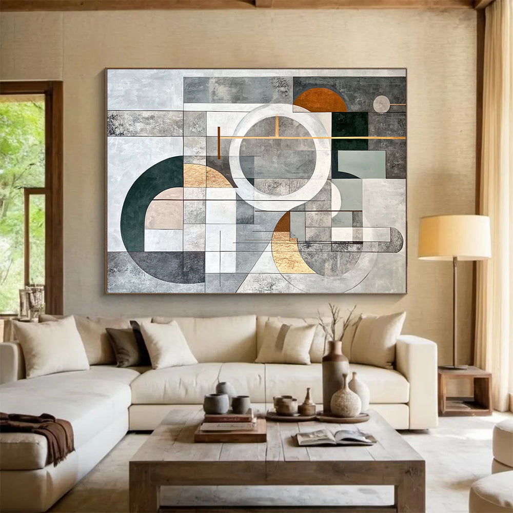 Gray, Yellow, White, Black and Beige Geometric Abstraction "Sunny Geometry" Painting On Canvas HB387