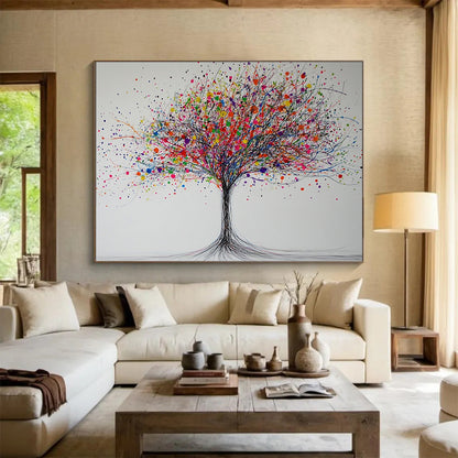 “Color Burst Tree” - Black branches, rainbow splatters, whimsical tree, Abstract Tree Painting On Canvas HB0588