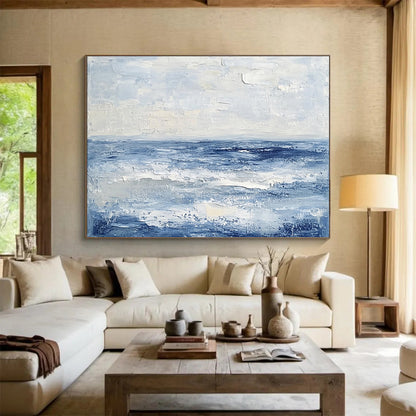 “Textured Blue Ocean” - Shades of blue, white; Abstract ocean waves; Impasto Oil Painting On Canvas HB1192