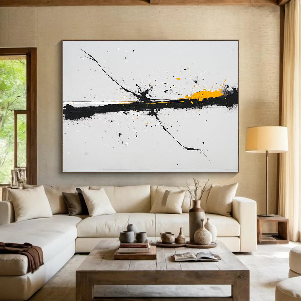 Black, White, Gray, Yellow, Bold Vertical Drip "Sunlit Chaos" Abstract Expressionist Painting On Canvas HB068