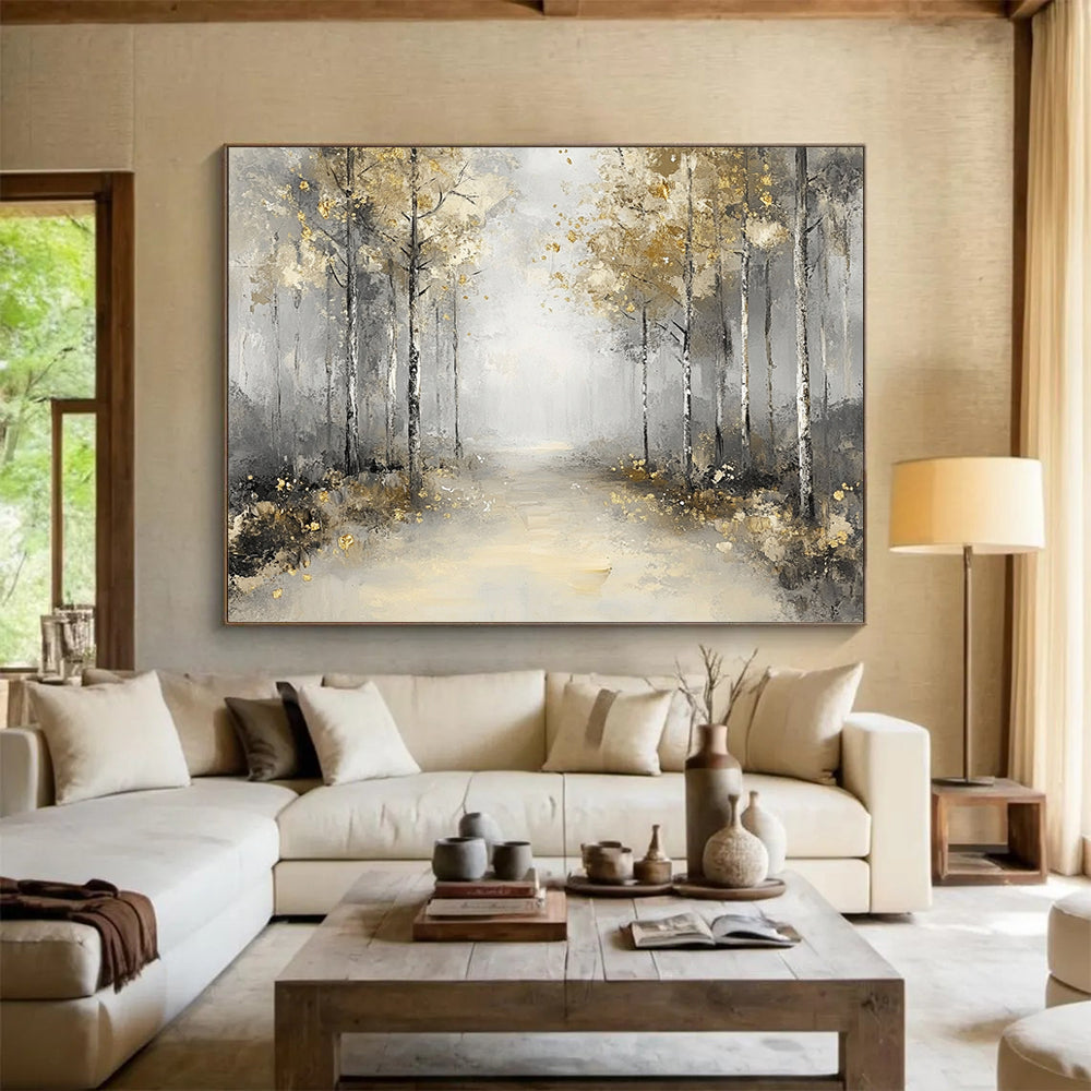 “Misty Forest Path with Gold” - Gray, Gold, Serene Forest Landscape Painting On Canvas HB0881