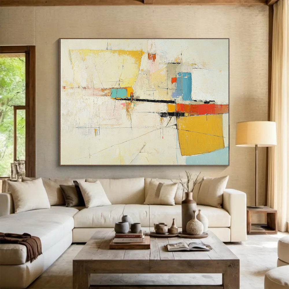 “Soft Color Abstract Composition” - Yellow, Blue, Red, Pink, Gray, White, Mixed Shapes - Painting On Canvas HB1440