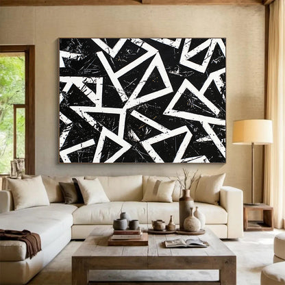 Black, White, Geometric Triangles "Monochrome Maze" Abstract Op - Art Painting On Canvas HB108