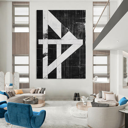 Contemporary hand-painted abstract artwork featuring a high-contrast black and white design with an "H" shape and textured risograph print on canvas. DLZ1140