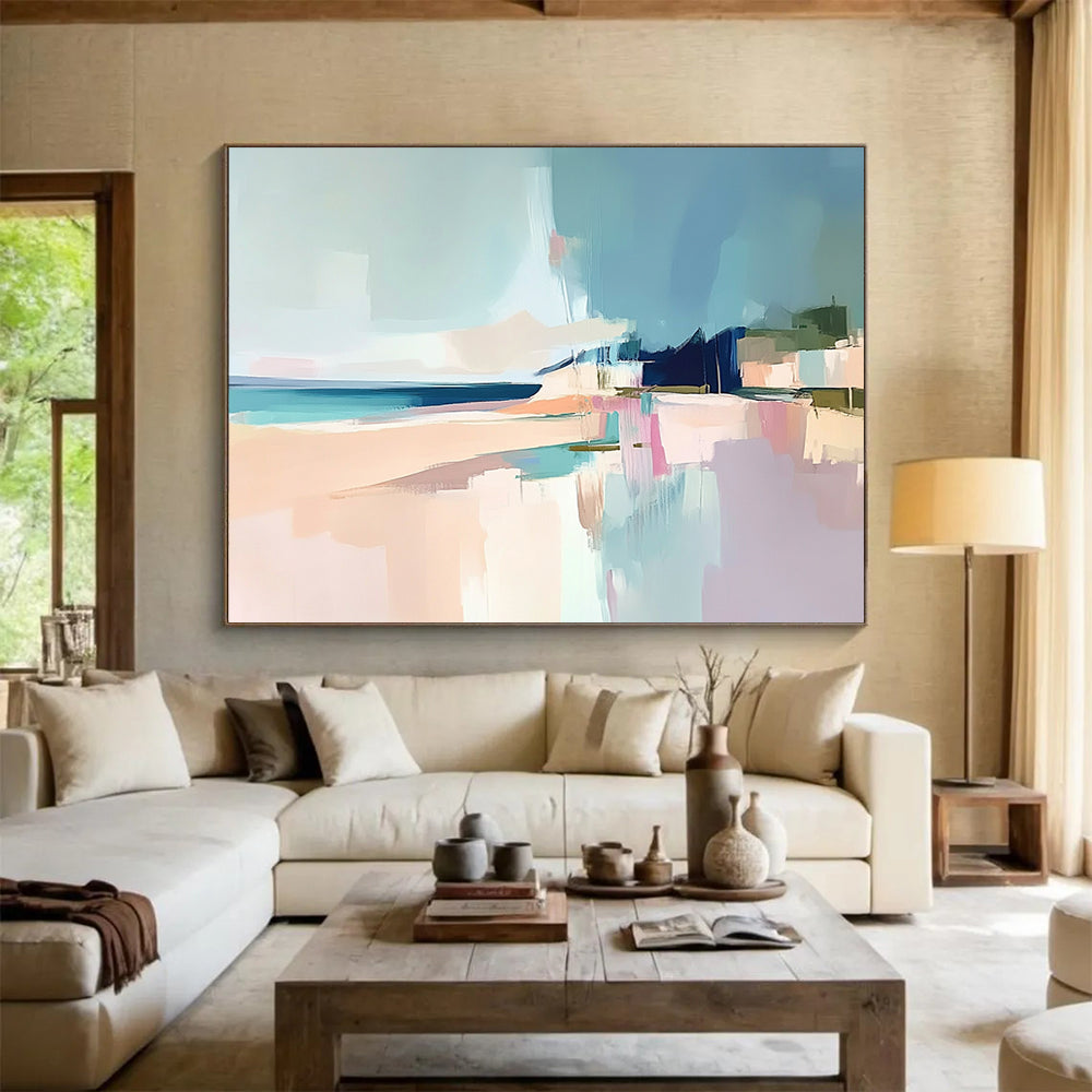 “Pastel Coastal Abstract” - Soft Blue, Pink, Beige, Abstract Beach Scene Painting On Canvas HB0980