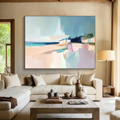 “Pastel Coastal Abstract” - Soft Blue, Pink, Beige, Abstract Beach Scene Painting On Canvas HB0980