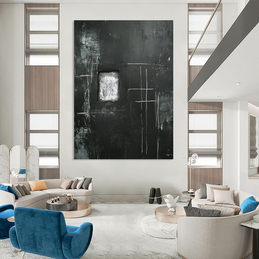 Contemporary abstract art featuring a black wall with eerie white chalk drawings of a cross and window with a central space for personal expression. DLZ1150