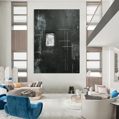 Contemporary abstract art featuring a black wall with eerie white chalk drawings of a cross and window with a central space for personal expression. DLZ1150