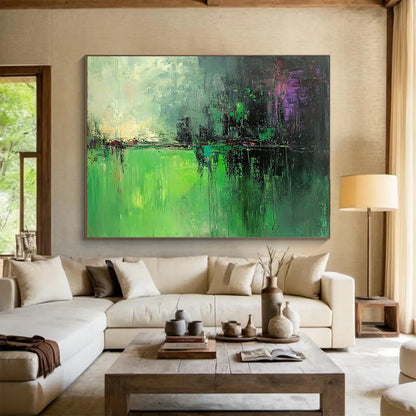 “Green Abstract Landscape” - Green, Purple, Gray, Abstract Landscape Painting On Canvas HB0989
