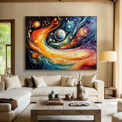 “Cosmic Color Swirl” - Multicolor, Planets, Cosmic Swirl Painting On Canvas HB0740