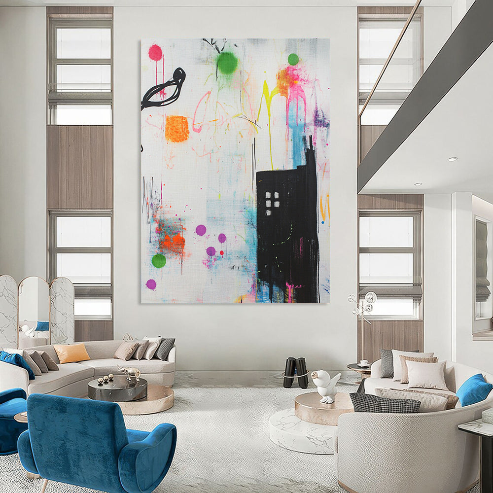 Contemporary hand-painted abstract artwork features vibrant shapes lines and urban building designs enriched with graffiti splashes creating a dynamic and playful atmosphere. DLZ1515