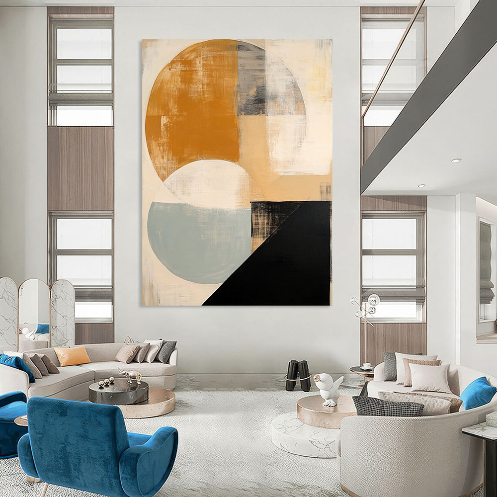Contemporary hand-painted abstract artwork featuring soft beige black and white shapes a vibrant orange circle and subtle blue and grey accents. DLZ1038