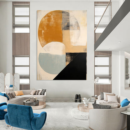 Contemporary hand-painted abstract artwork featuring soft beige black and white shapes a vibrant orange circle and subtle blue and grey accents. DLZ1038