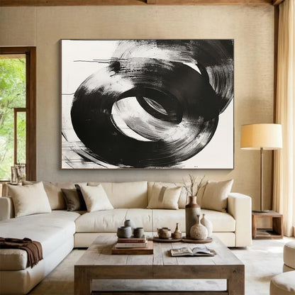 Black, White, Overlapping Circular Strokes "Ink Rings" Abstract Minimalist Painting On Canvas HB136