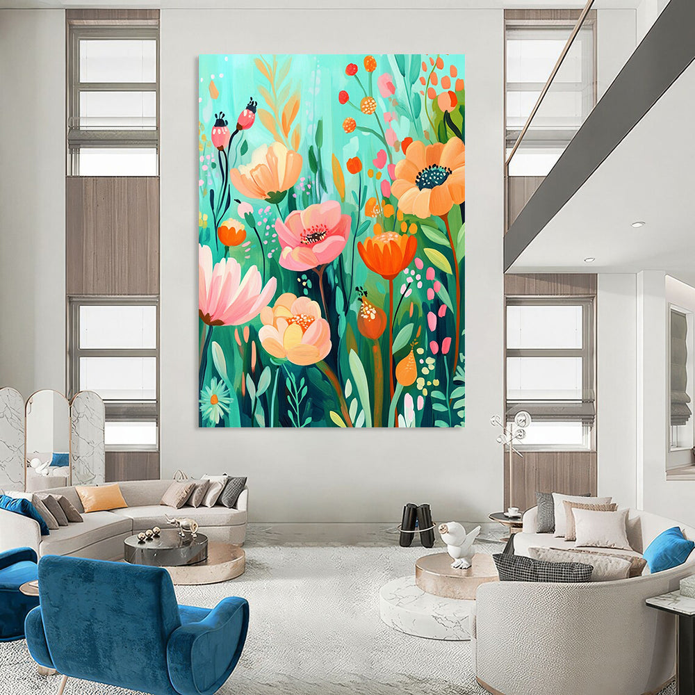 Bold contemporary abstract artwork featuring a whimsical floral garden in vibrant aquamarine and orange hues, ideal for brightening any space. DLZ1573