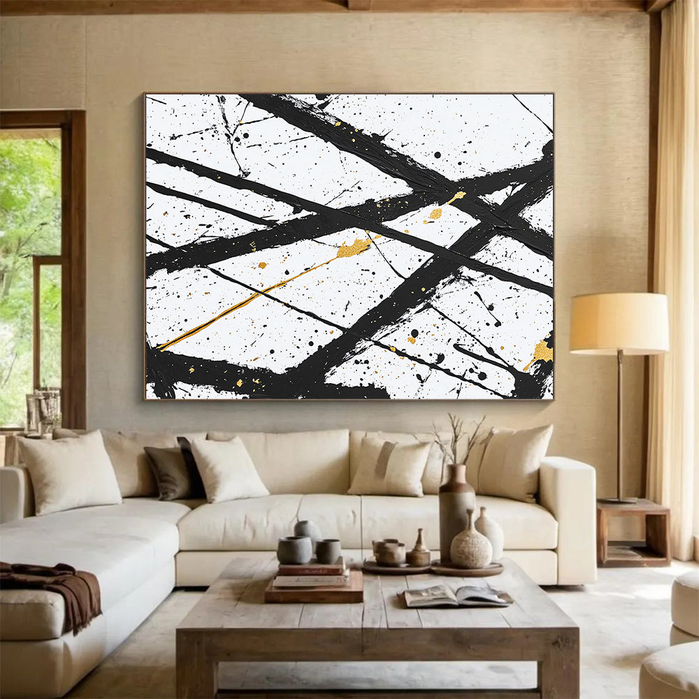 Black, White, Gold, Crossed Lines "Golden Intersection" Abstract Expressionist Painting On Canvas HB048