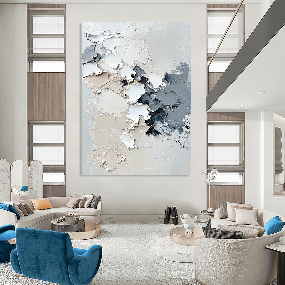 Contemporary hand-painted abstract artwork featuring melting snowflakes, impasto texture, and a serene white background in neutral tones. DLZ0629