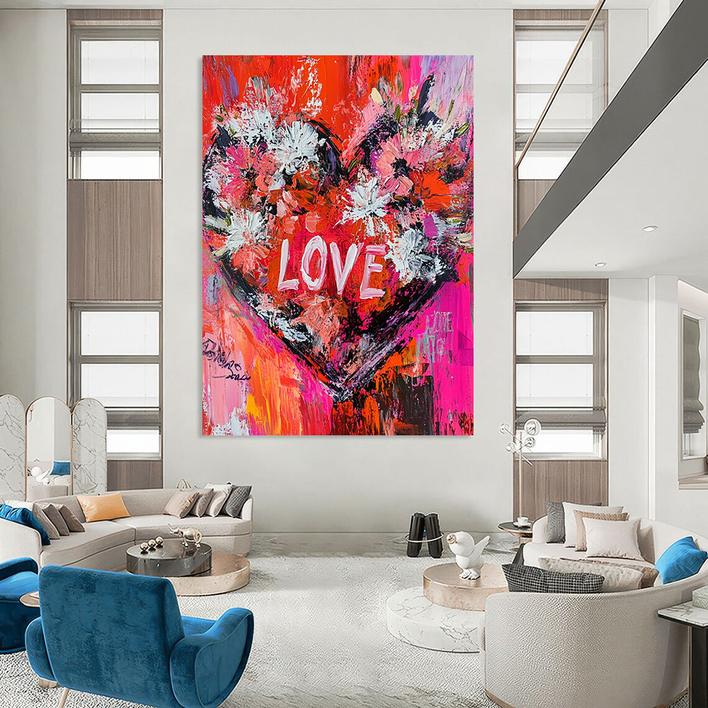Vibrant contemporary abstract painting featuring oversized floral heart and dynamic brushstrokes with engaging text LOVE in bold reds pinks and whites. DLZ1494