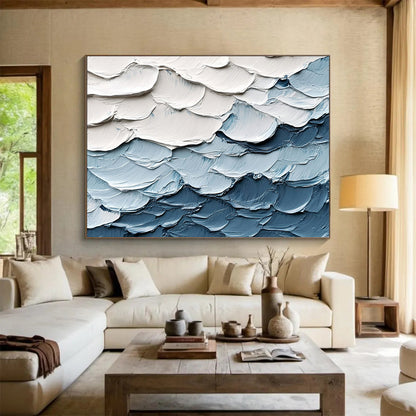 “Textured Wave Layers” - White, Blue, Gray - Impasto Ocean Waves - Acrylic Painting HB1335