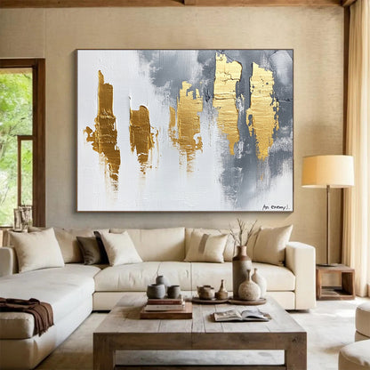 “Gray - Gold Strokes” - White, Gray, Gold with Bold Strokes - Abstract Acrylic Painting HB1339