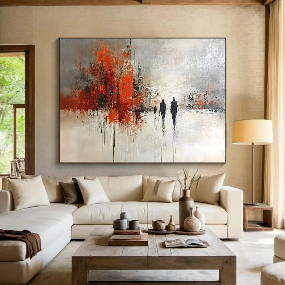“Urban Stroll” - Gray, Orange, Black, Abstract Figures in Cityscape Painting On Canvas HB1052