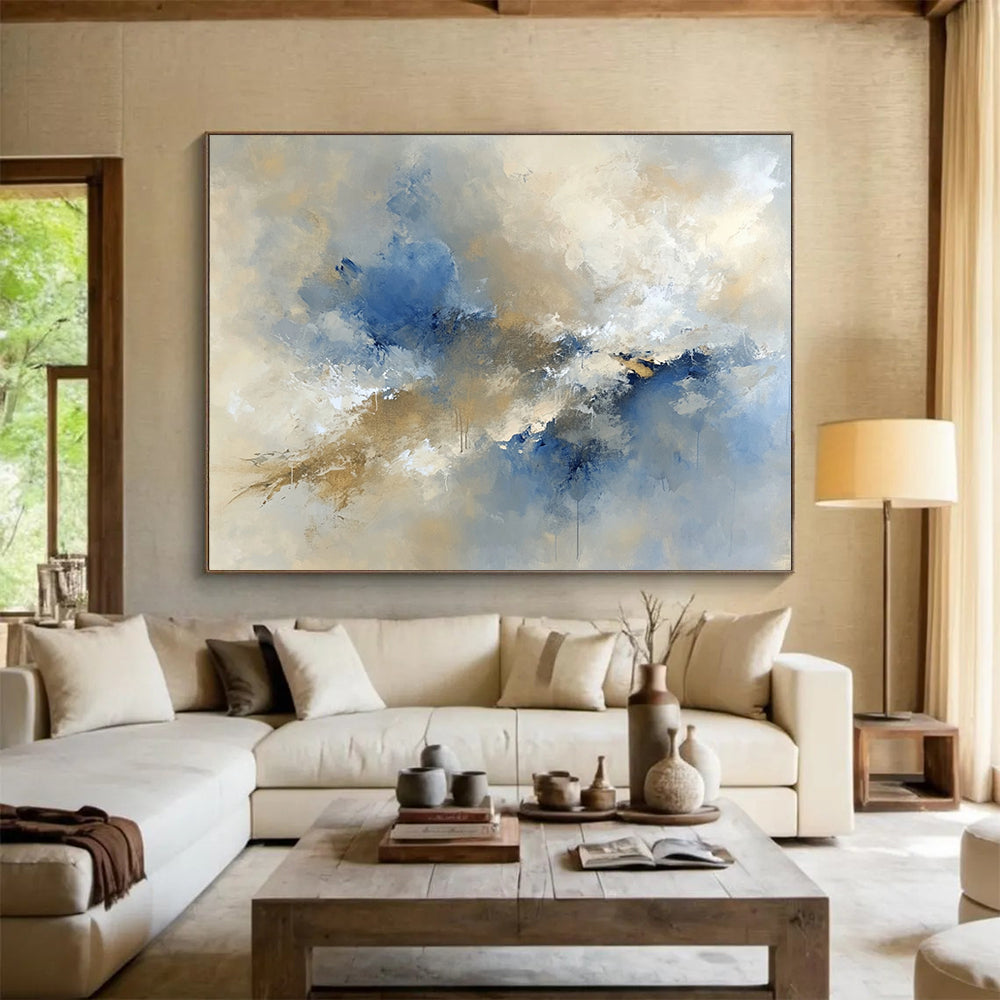 “Ethereal Blue - Beige Cloud Bursts” - Blue, Beige, White, Abstract Cloud - like Forms Painting On Canvas HB0978