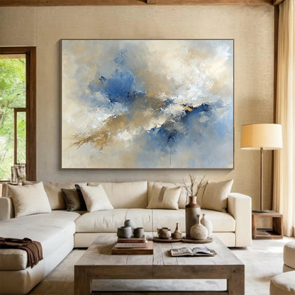 “Ethereal Blue - Beige Cloud Bursts” - Blue, Beige, White, Abstract Cloud - like Forms Painting On Canvas HB0978