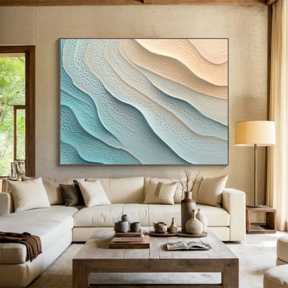 “Light Blue - Beige Textured Wavy Layers” - Abstract Textural Painting On Canvas HB0513