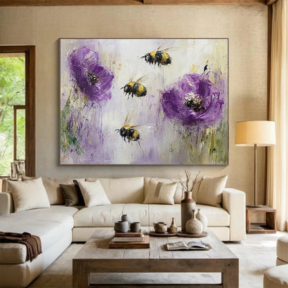 “Buzzing Bees and Purple Poppies” - Purples, Yellows, Blacks, Nature Scene - Textured Oil Painting HB1564