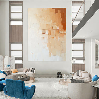 Contemporary abstract painting featuring thick impasto strokes in neutral tones, capturing a minimalist brick wall in elegant beige, white, and light orange hues. DLZ1198