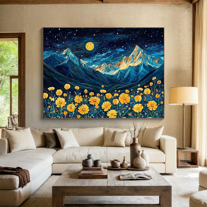 “Moonlit Mountain Flowers” - Blue, Yellow, Mountain & Floral Oil Painting On Canvas HB0718