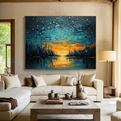 “Starry River Sunset” - Orange, Blue, River & Starry Sky Oil Painting On Canvas HB0719